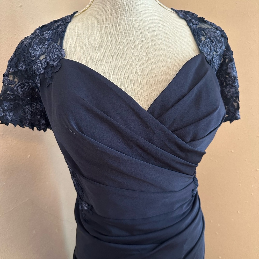 La Femme Navy Blue Maxi Dress with Lace Sleeves - Picture 3 of 8